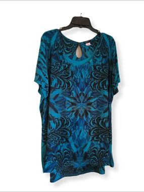 Perseption Blue Teal and Black Floral-Print Short Sleeve Tunic